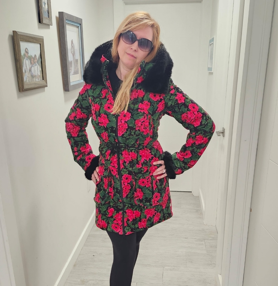 Floral Women's Jacket with Black Fur Trim